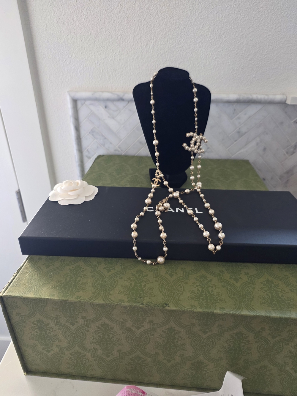 Authentic Chanel Pearl Long Necklace with Signature CC Charm - Cream & GOLD